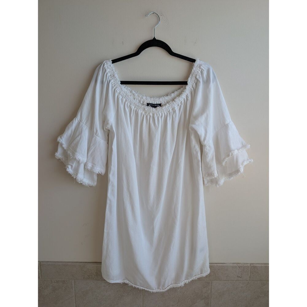 Boston Proper L Tencel White Dress Off Shoulder Tiered Bell Sleeve Boho Women's
